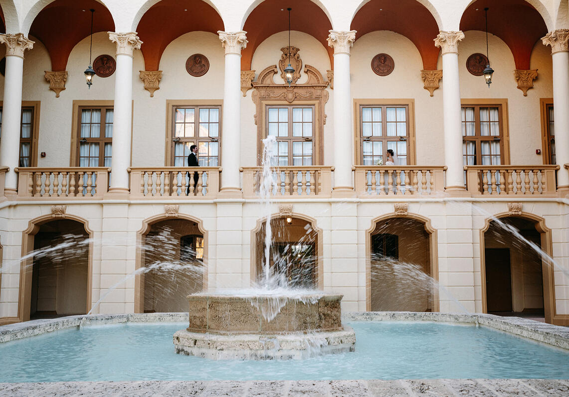 Iconic Biltmore Hotel in Coral Gables Miami with bride &amp; groom during first looks